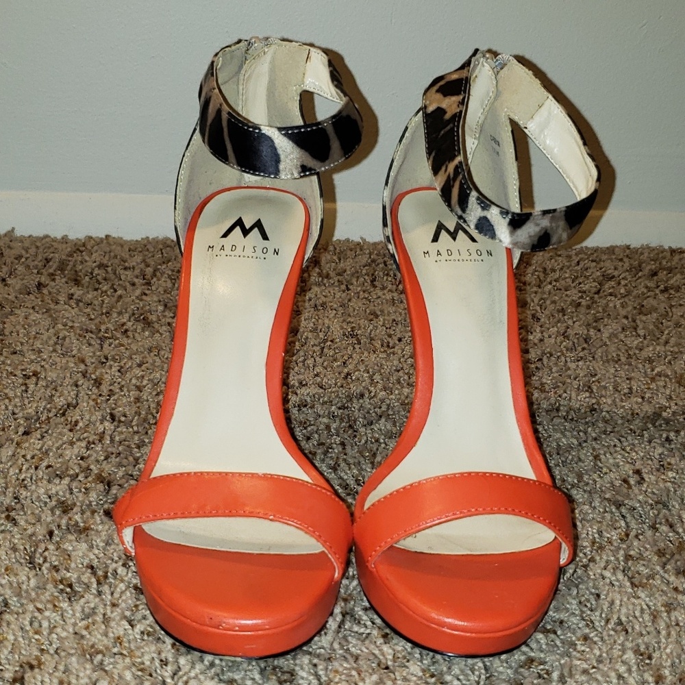 Coral / leopard print open toe heel